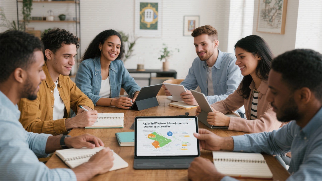 Young multicultural consulting team collaborating around table with notebooks and tablets showcasing agile methodology for nurturing tourism partnerships throughout Portugal.