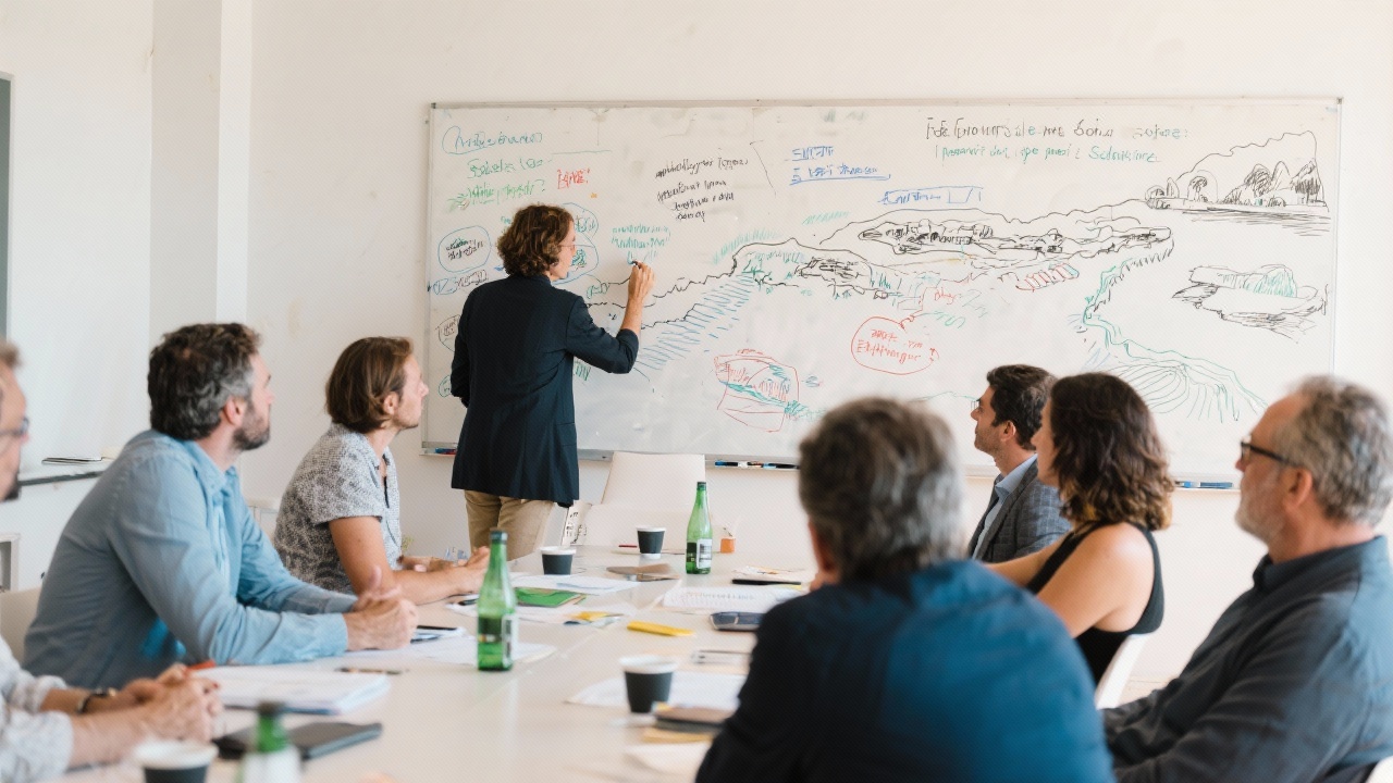 Workshop session with regional tourism leaders brainstorming itinerary enhancements using whiteboard sketches to strengthen experiential travel portfolios across Portuguese coastal regions.