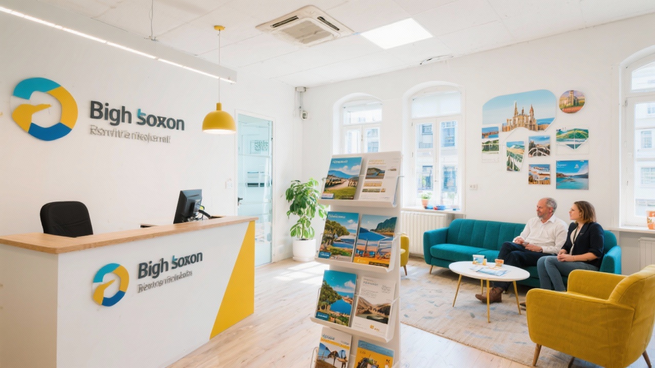 Bright Lisbon office interior with consulting desk, travel brochures, and welcoming lounge designed to host tourism business owners seeking personalised guidance in Portugal.