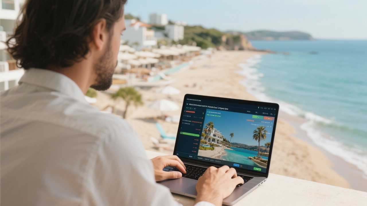 Digital marketing specialist optimising campaign parameters on laptop with beachfront resort imagery representing performance advertising and storytelling for tourism experiences in Portugal.