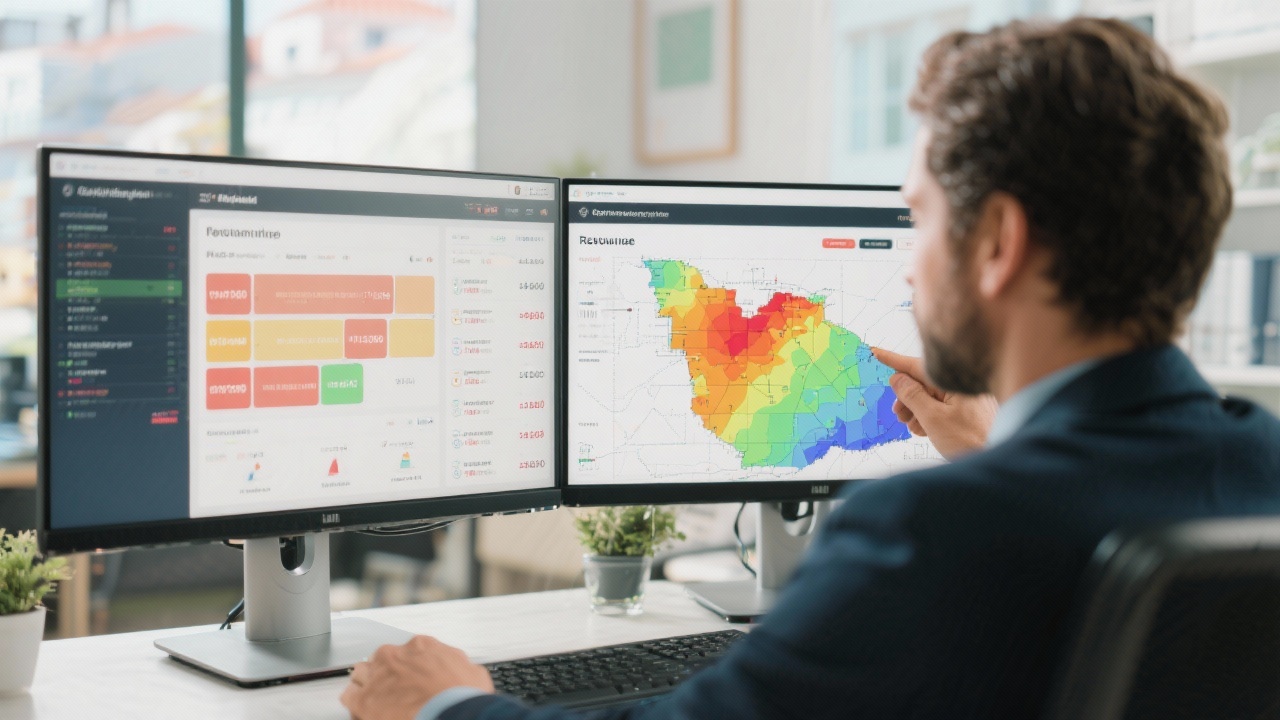 Revenue manager analysing occupancy heatmaps and pricing algorithms on dual monitors to refine revenue management practices for hotels targeting year-round demand in Portugal.