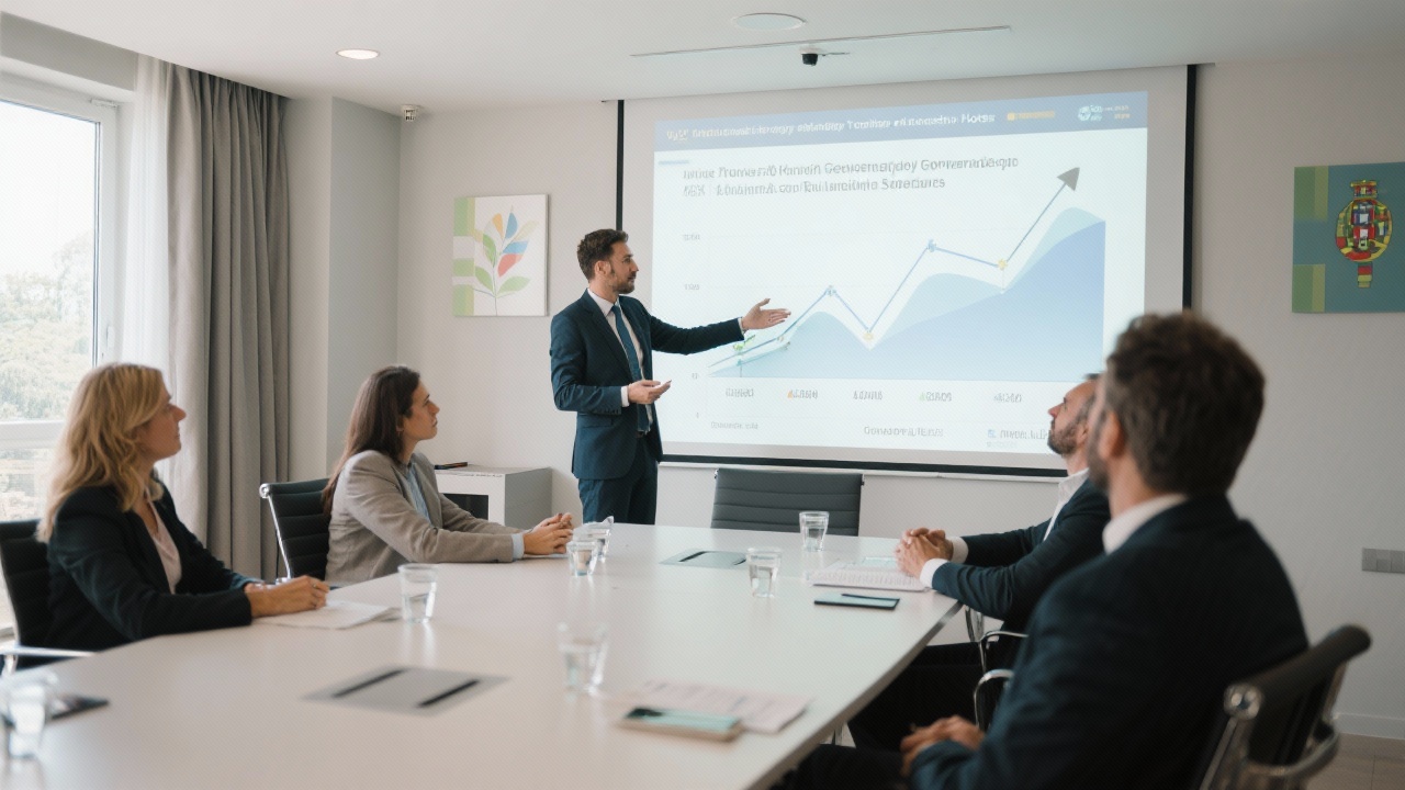 Consultant presenting growth charts to hotel executives inside modern conference room highlighting data-driven tourism strategy alignment and governance across Portuguese regional stakeholders.